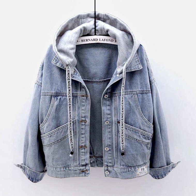 Phong Cách Mới Phiên Bản Hàn Quốc Có Mũ Trùm Đầu Denim Nữ Thời Trang Ngắn Áo Khoác Bỏ Túi Lớn Áo Thường Ngày