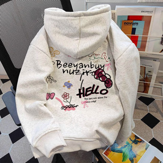 Salmo Áo hoodie nữ xám ghi thu đông local brand áo nỉ dài tay form rộng hàn quốc Hello Kitty 100% cotton Y1100