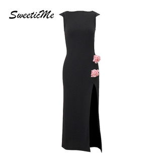 SweeticMe Váy Nữ Thời Trang Mới Gợi Cảm Rỗng Mỏng Phù Hợp Với Khe Hoa Trang Trí Nhân Quả Đầm Dài