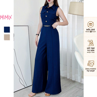 Jumpsuit Túi Hộp MIMIX Đồ Bay Nữ Trơn Cổ Sơ Mi Khóa Kéo Lưng Dáng Dài Ống Rộng 2 Màu Chất Chéo Cotton Mềm ER0260