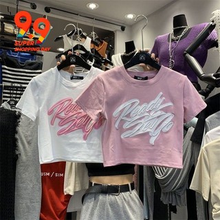 Mùa Hè 2023 Phiên Bản Hàn Quốc Nặng Thủ Công Thêu Chữ In Phun Ngắn Slim-fit Tay Ngắn Phù Hợp Với Nóng
