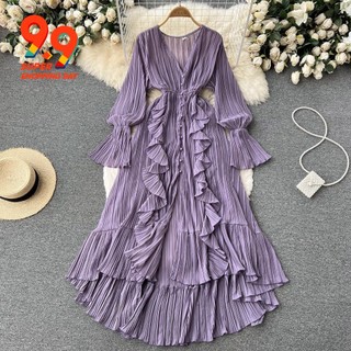 Đầm Voan Dài Xếp Ly Cổ Chữ v Phối Ren Hoa Sen Thanh Lịch Cho Nữ