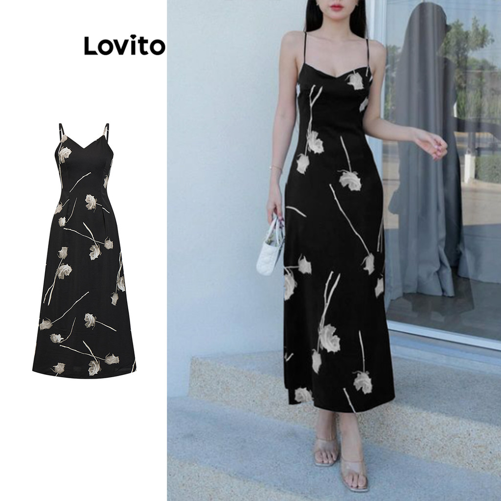 Đầm Lovito hở lưng họa tiết hoa phong cách thường ngày cho nữ L86ED193