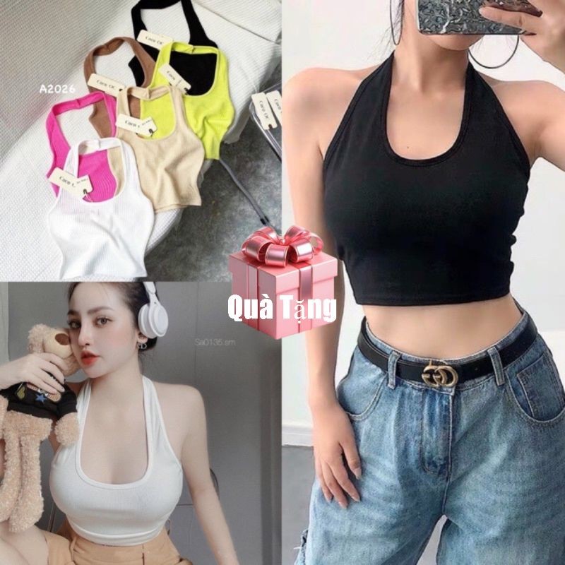 Áo croptop yếm kiểu dây choàng cổ ôm body (Video,chất co giãn tốt)