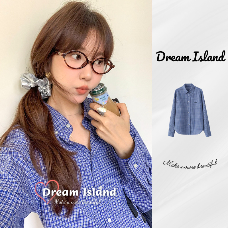 『Dream Island』Áo sơ mi dài tay kẻ ca rô rộng rãi tôn dáng gầy màu xanh thường ngày dễ phối Retro ngọt ngào tươi trẻ phong cách học sinh