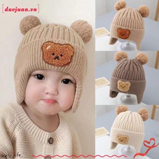 Duojuan Mũ beanie cho bé, Mũ dệt kim mềm bảo vệ tai trẻ em, Gấu hoạt hình mùa đông ấm áp dày dặn cho bé trai bé gái