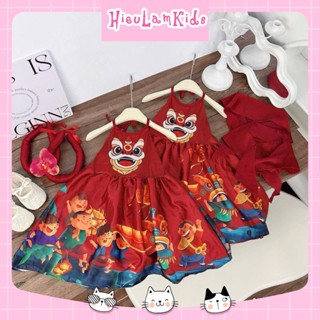 NB210 - (Tặng mấn hoa + khăn) Váy đầm đỏ in 3D đầu Lân cho bé gái mặc trung thu