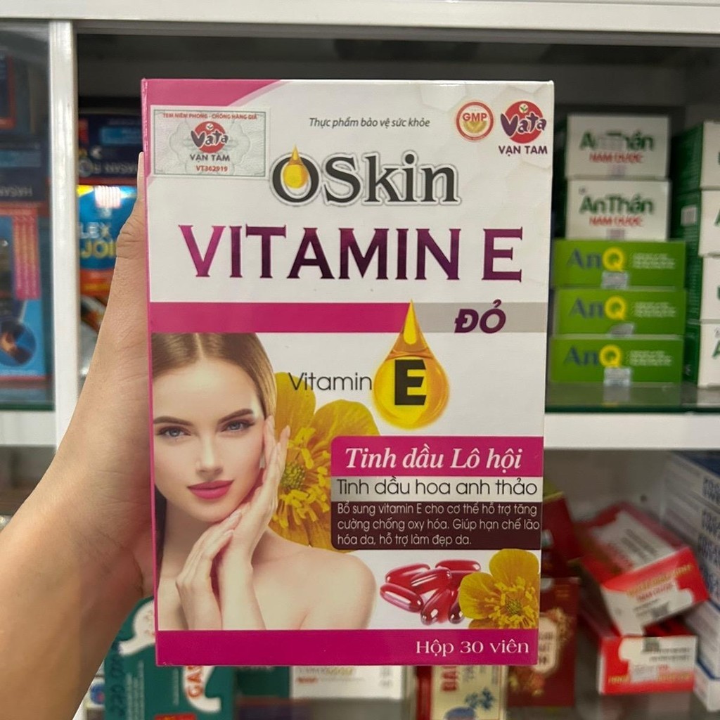 Vitamin E đỏ Oskin - có dầu hoa anh thảo - làm đẹp da - hộp 30 viên dùng đc 1 tháng