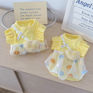 Đầm Bong Bóng Trái Tim Màu Vàng Cho Mèo Chó Nhỏ Mùa Hè Mỏng Bichon Teddy Quần Áo Thú Cưng