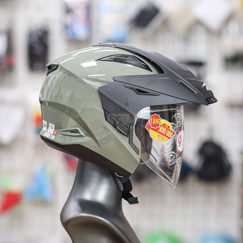 Mũ 3/4 2 Kính Zeus 613B Xi Măng Bóng Kèm Mái Che