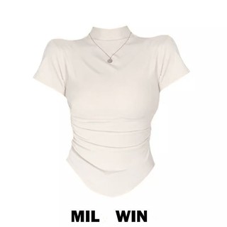 Yuewen Cotton Nguyên Chất Skinny Áo Thun Nữ Ngắn Top Ôm Cổ Nửa Cao Bên Trong