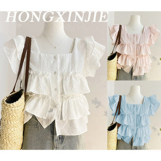 Áo kiểu Lovito vải jacquard lai bèo xếp nếp nút trước xếp tầng màu trơn phong cách boho cho nữ L68ED021 (Nhiều màu)