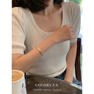 Cocorygirl phiên bản Hàn Quốc của áo thun nữ tay ngắn cổ chữ U khí chất mùa hè