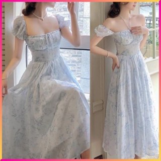 Đầm voan hoa tiểu thư cổ vuông dáng dài hở lưng gợi cảm phong cách retro, Đầm hoa tiểu thư xanh dáng dài đi biển vintage