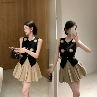 Bộ Đồ Phong Cách  Bộ Đồ Hoa Ôm Sát Không Tay Thời Trang Mùa Hè Cho Nữ Áo Gile Váy Ngắn Xếp Ly Dáng Người Nhỏ