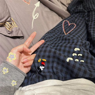 Quần Sọc Bong Bóng Kiểm Tra Quần Lụa Cotton Pyjama Quần Nữ Dễ Thương Họa Tiết Mickey In Quần Thẳng Rời