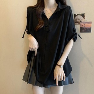 Plus Size Quần Áo Nữ Béo mm150kg Áo Sơ Mi Cổ Chữ V Voan Nữ Rời Bao Da Thịt Sang Trọng Áo Top _ MeiJ Store