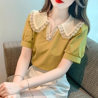 Áo Sơ Mi Voan Tay Ngắn Cổ Chữ V Pháp Phong Cách Mới Cổ Búp Bê Thiết Kế Hàng Đầu Cảm Giác Áo Sơ Mi Nhỏ Thời Trang