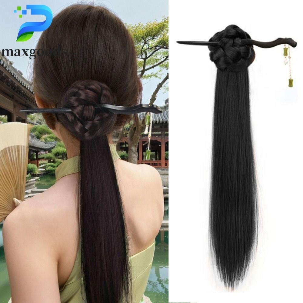 maxgoods Vuốt Kẹp Tóc Giả Đuôi Ngựa, Kẹp Tóc Tre Phong Cách Trung Quốc Mới Bện Bên Đuôi Ngựa, Phong Cách Cổ Xưa Tóc Sườn Xám Hanfu Bóng Đầu Tóc Giả Nữ