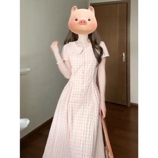Váy Liền Caro Màu Hồng Cổ Búp Bê Khí Chất Ngọt Ngào Mẫu Mới Mùa Hè Váy Chữ A Tôn Dáng Gầy Chít Eo Mùa Hè Cho Nữ