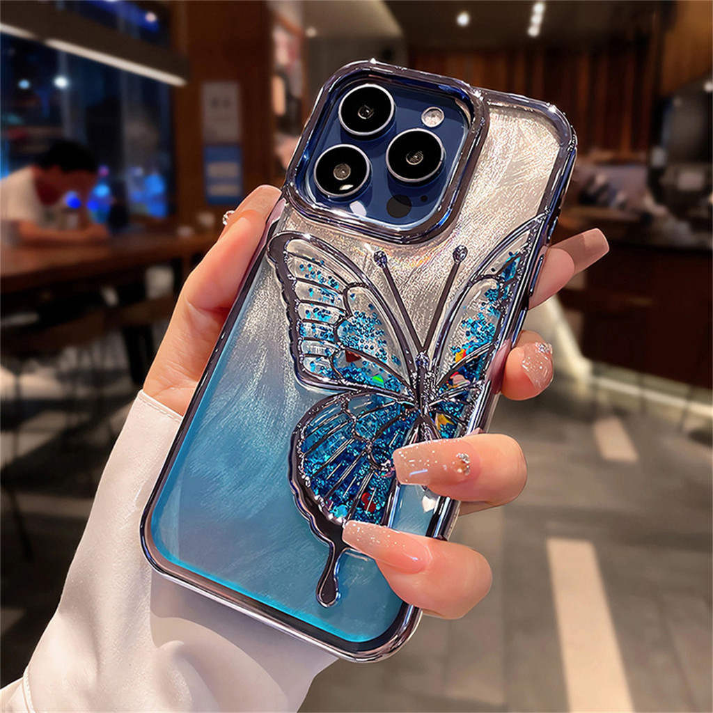 Ốp lưng chuyển màu bướm cát lún lấp lánh cho IPhone 15 14 13 Pro Max 11 12 16 Pro Max Aurora Mạ lông vũ Bling Vỏ Tpu mềm