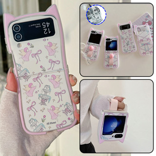 Bé Gái Nơ In Hình Tai Mèo Mềm TPU Silicon Ốp Lưng Điện Thoại Có Nhẫn Samsung Galaxy Z Flip 6 5 4 3 Vỏ Chống Sốc Flip6 Flip 5