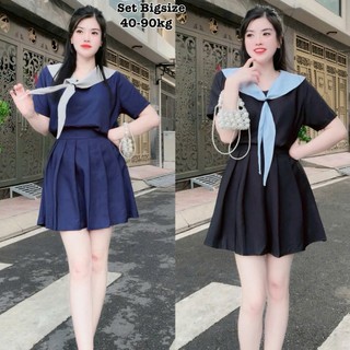 Set Áo Nữ Kiểu Thủy Thủ Sọc Nơ Kèm Chân Váy Dập Ly Bigsize Thiết Kế Thanh Lịch Cao Cấp Xinh Đẹp Sang Trọng 50-95kg