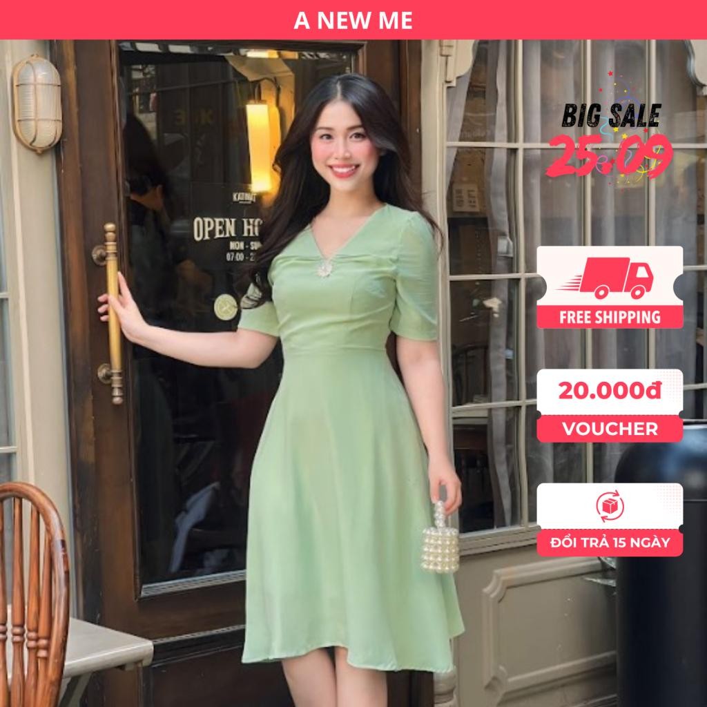 Đầm công sở dự tiệc kiểu tiểu thư A NEW ME cổ chữ v thiết kế sang trọng thanh lịch D086