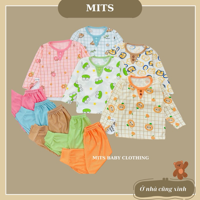 Đồ bộ dài tay cổ trụ chất THUN TĂM mỏng mát, hoạ tiết dễ thương cho bé trai, bé gái (6-16kg)
