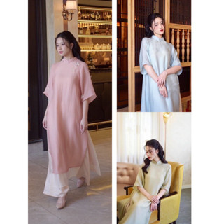 ÁO DÀI CÁCH TÂN 4 TÀ DÁNG SUÔNG NỮ TRƠN THIẾT KẾ CỔ ĐÍNH NGỌC MAY SẴN MÀU HỒNG, XANH CỐM, XANH DƯƠNG