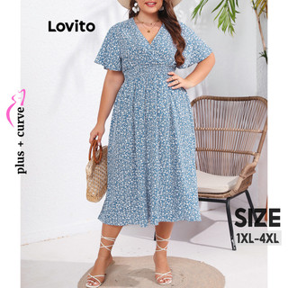 Đầm Lovito xếp nếp họa tiết hoa nhí phong cách thường ngày dành cho nữ plus size LNL37122 (Xanh lá nhạt/Xanh lam)