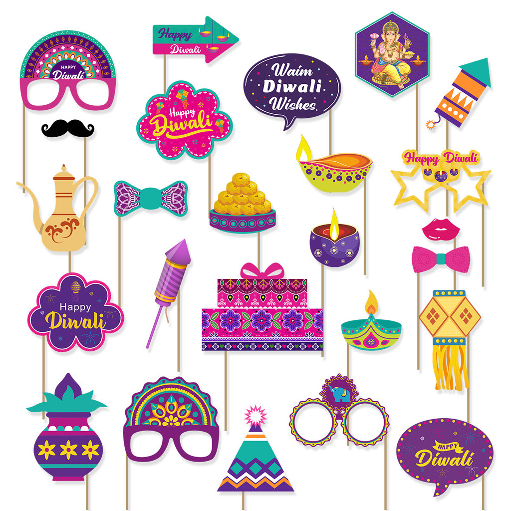 Happy Diwali Photo Booth Đạo Cụ Bộ Lễ Hội Ánh Sáng Ấn Độ Dấu Hiệu Cầm Tay Trang Trí Tiệc Vui Nhộn Vớ