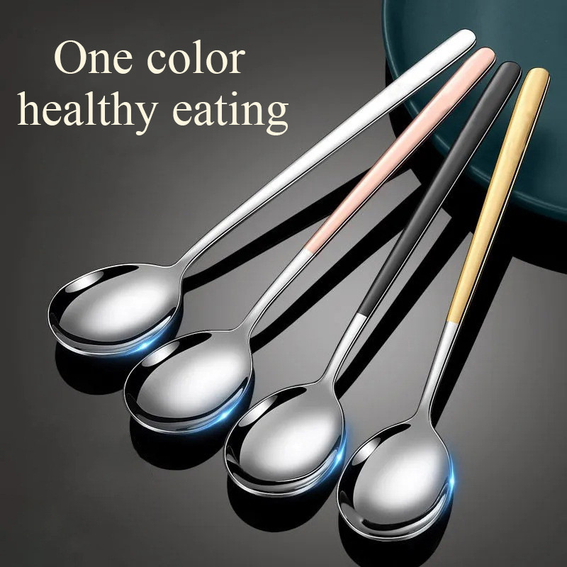 Thìa tráng miệng bằng thép không gỉ cho trẻ em, thìa cơm cán dài, thìa gia dụng, đầu lớn