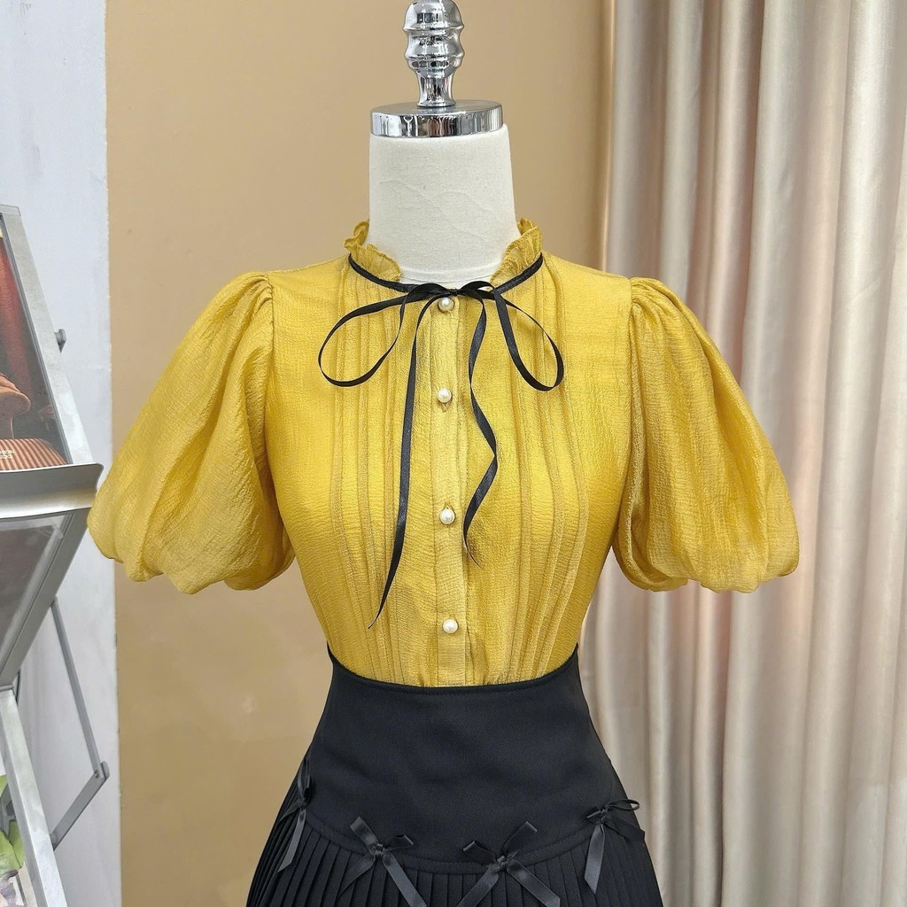 Áo sơ mi nữ tay chuông cúc ngọc nơ cổ - A2718 Kymie