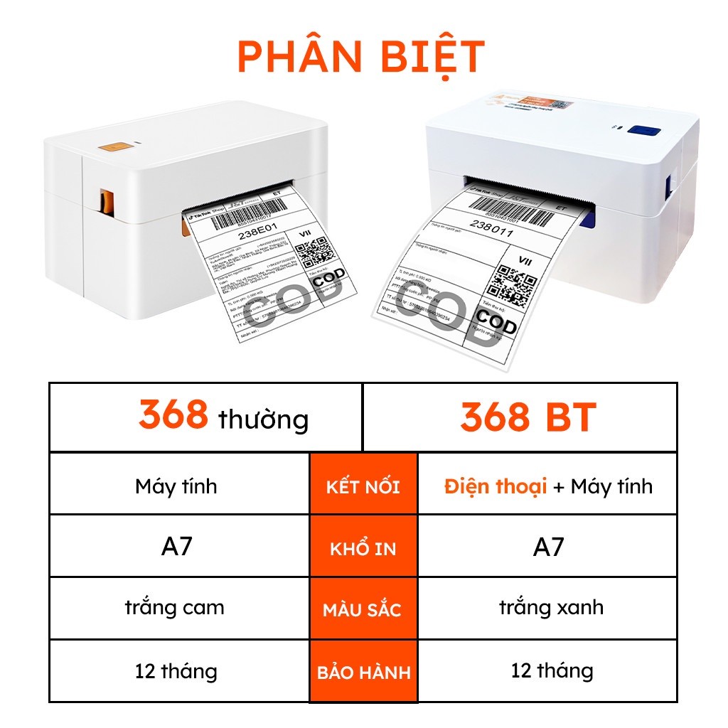 Máy in đơn hàng qua điện thoại 368BT, in nhiệt AYIN in đơn hàng mã vận đơn, mã vạch, phiếu gửi hàng,