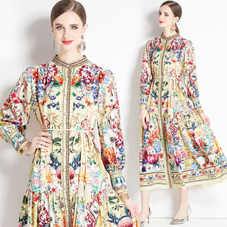 Chụp Thật Còn Hàng Xuân Thu Mới Vintage Cotton Và Vải Lanh Đứng Cổ Đèn Lồng Tay in Váy