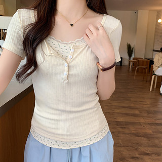 Áo thun ngắn tay hai lớp giả mùa hè dành cho nữ Áo thun ngắn tay hoa