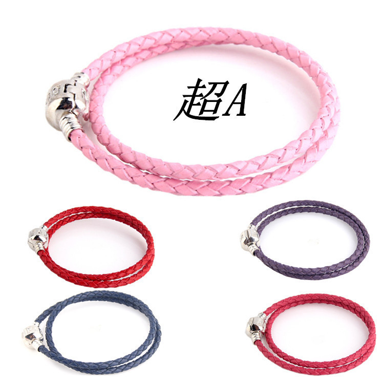 Vòng tay da thật phong cách Pandora cơ bản, thiết kế đôi vòng tròn, phù hợp DIY