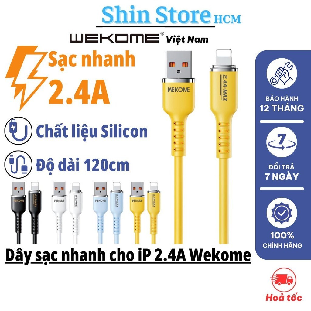 Dây sạc nhanh 2.4A cho iP, chính hãng WEKOME WDC-09i, Dây Silicon chống đứt gãy rối dây - Shin Store