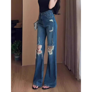  Quần bò rách cạp cao cổ điển phong cách Jiashucheng quần ống loe siêu nhỏ rộng rãi mẫu hot phong cách Tây mùa hè cho nữ 