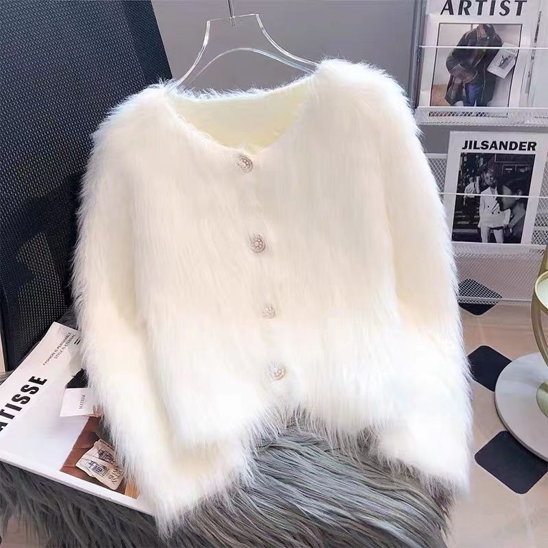  Giả Chồn Lông Cừu Dệt Kim Cardigan Áo Len Nữ Thu Đông Quần Áo Dày 2023 Phong Cách Mới Ngắn Phong Cách Nóng Hàng Châu Âu Mềm Waxy 