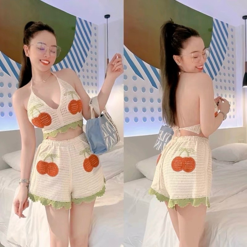 Set bikini len móc cherry  bộ bơi nữ 2 món gồm quần sóc cạp chun -áo bra buộc dây sẵn mút