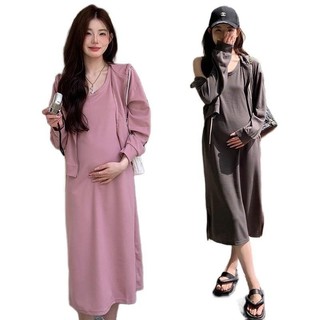 Đầm Bầu Sét Suông THU ĐÔNG MAMADRESS Thiết Kế VÁY KÈM ÁO DÀI TAY CÓ MŨ Hai Màu HỒNG XÁM Chất NỈ DA CÁ Mềm Mại S33