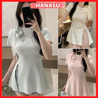 Áo kiểu nữ xẻ tà thắt nơ lệch sang chảnh áo thun nữ cổ tròn dây nơ phong cách tiểu thư chất tăm lạnh co giãn A27 HANASU