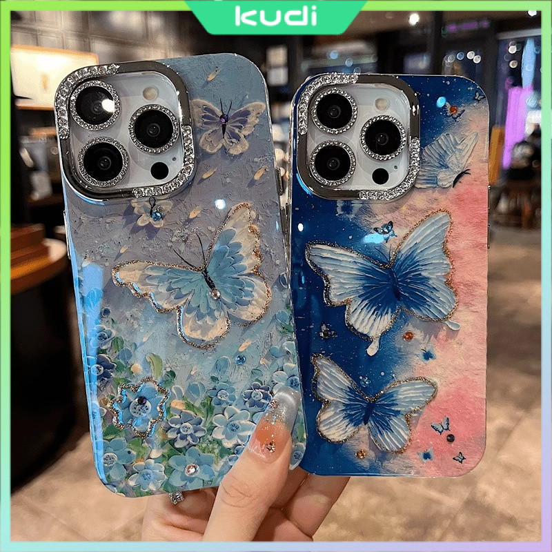 Phong cách mới Gương đính kim cương viền-Blue Light Kim cương giả Bướm hoa xanh + Phim ống kính kim cương Bao gồm tất cả Vỏ điện thoại iPhone chống sốc Thích hợp cho iPhone16promax / iPhone16pro / iPhone16plus / iPhone16 15 14 13 12 11