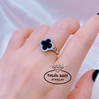 Phụ Kiện Nhẫn Nữ  N01040 Cỏ 4 Lá Đen Với Viền Tấm Bản 10 Li Đeo Tay Sang Trọng Trang Sức Bạc Ý Xi Bạch Kim
