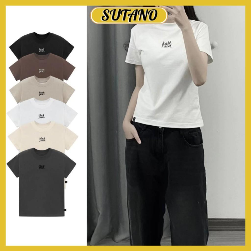 Áo thun baby tee nữ cổ tròn tay ngắn thêu hình black fearl A142 SUTANO
