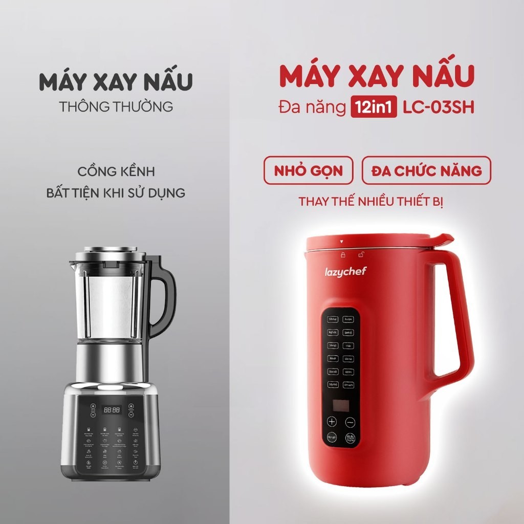 Máy Làm Sữa Hạt 12in1 Lazychef, Máy Xay Nấu Đa Năng, Máy Xay Sinh Tố, 10 Lưỡi Dao, Mẫu Mới Nắp Inox