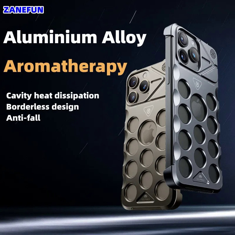 Hợp Kim Nhôm Mới Rỗng Tản Nhiệt Hương Liệu Ốp lưng iPhone 14 15 16 Pro Max Kim Loại Làm Mát Chống Số