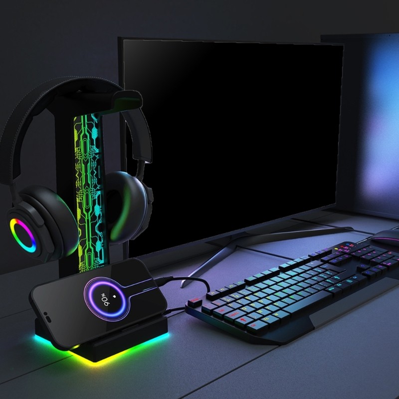 Giá đỡ tai nghe chơi game WU Phụ kiện PC Giá đỡ tai nghe LED với 2 bộ sạc USB Giá đỡ tai nghe LED Ph